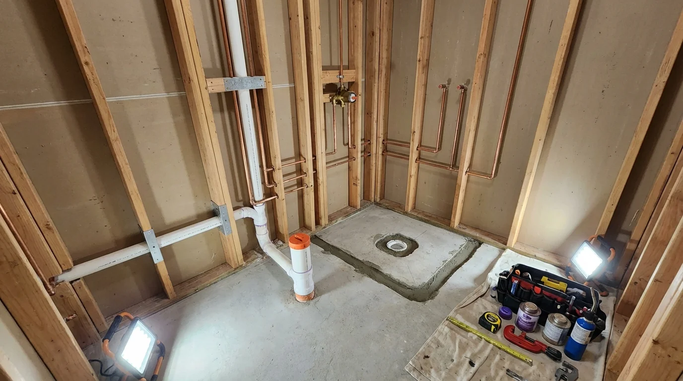 Bathroom rough-in plumbing during remodel by Johns Plumbing LLC in Hampden