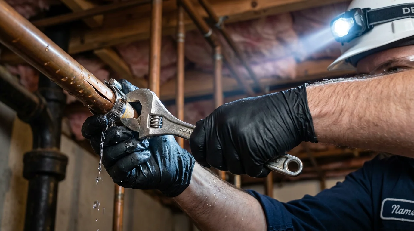 Emergency pipe clamp repair being performed by a Johns Plumbing LLC plumber in Hampden