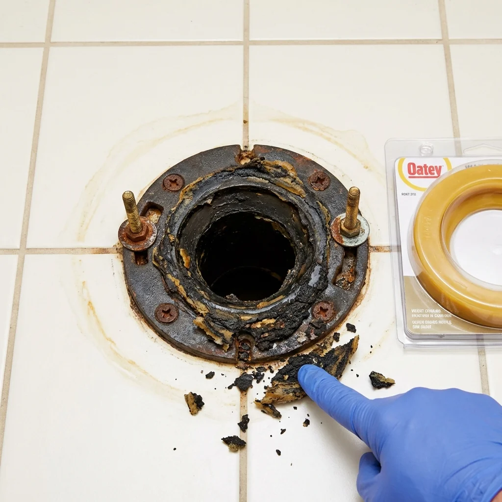 Failed wax ring showing water seepage at the base of a toilet in a Hampden, MA home