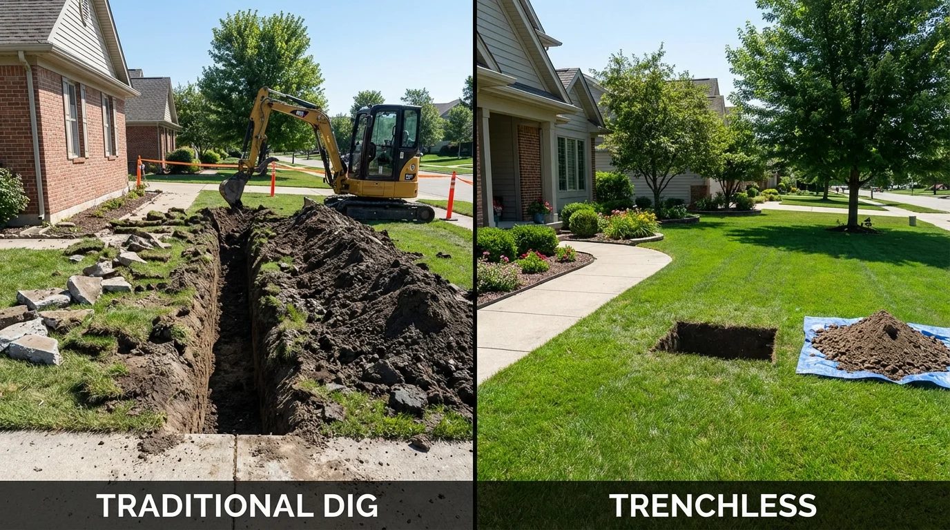 Trenchless sewer repair with minimal yard damage versus traditional excavation in Hampden, MA