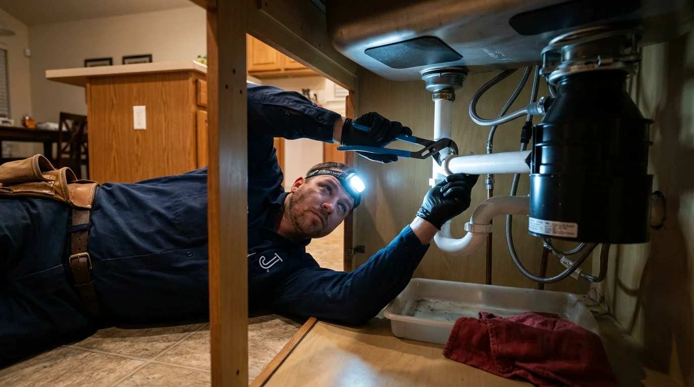 P-trap and supply line connections under a kitchen sink showing a common leak point in Hampden, MA